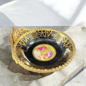 Antique La Chateau Porcelain Trinket Dish Metal Bronze Mount Victorian Scene VTG